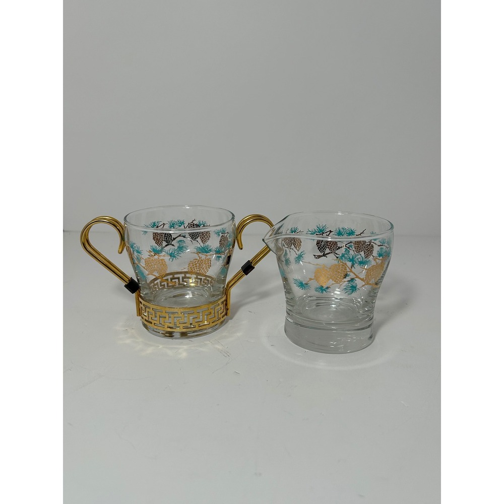 Vintage Libby Pinecone Glass Creamer‎ and Sugar Set with Gold Metal Caddy